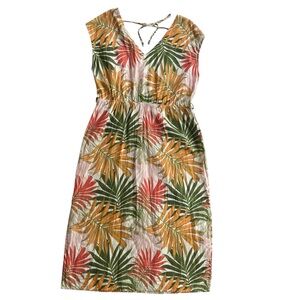 Amiani Resort Wear Women’s L Green Orange Gold Palm Tropical Short Sl Midi Dress